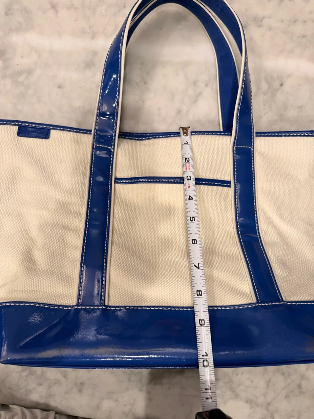 Lands’ End Boat Tote Bag with Blue Patent Leather Accents